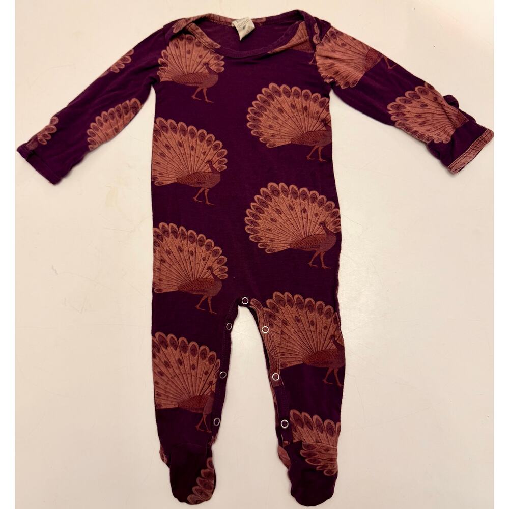 Kate Quinn Baby 3-6M Modal Footie - Plum Purple Peacock Print